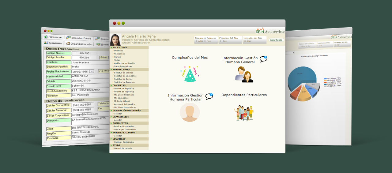 SPN Software screens: employee record and self-service portal